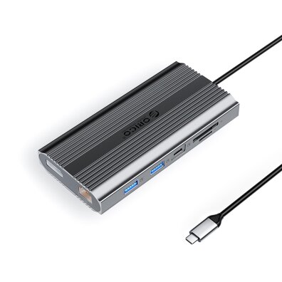 HUB stacja 12w1 USB-C - USB-A USB-C HDMI DisplayPort RJ45 SD PD 100W 4K 1000Mbps - szara