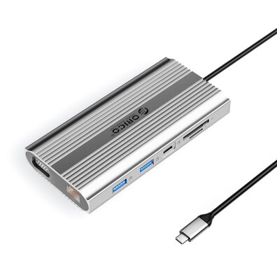 Stacja dokująca 12w1 USB-C - USB-A USB-C HDMI VGA RJ45 SD microSD PD 100W - srebrna