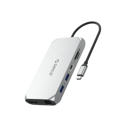 Stacja HUB 12w1 USB-C - USB-A USB-C HDMI DisplayPort SD/microSD RJ45 3.5mm CTIA - srebrny