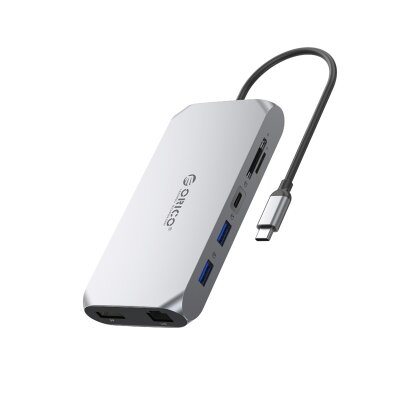 Stacja HUB 12w1 USB-C - USB-A USB-C HDMI DisplayPort SD/microSD RJ45 3.5mm CTIA - szary