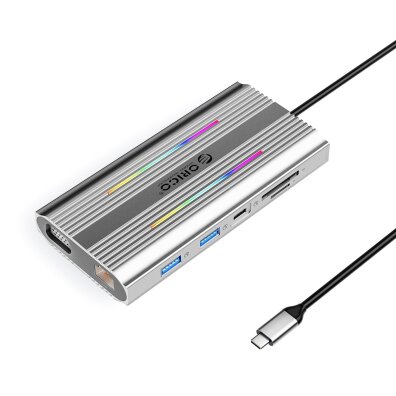 Stacja dokująca HUB 12w1 USB-C - USB-A USB-C HDMI VGA RJ45 SD PD 100W 4K 1000Mbps RGB - srebrna