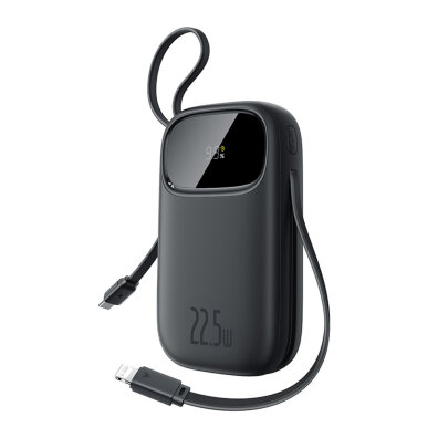 Powerbank 10000mAh 22.5W z wyświetlaczem kablami USB-C iPhone Lightning - czarny