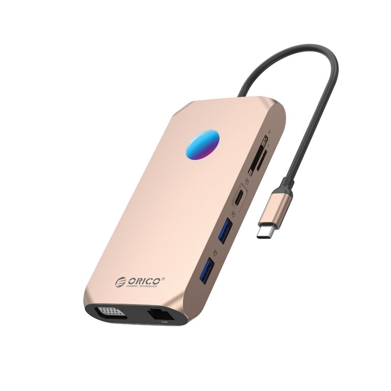 HUB 12w1 USB-C - USB-A USB-C HDMI VGA SD RJ45 mini jack PD 100W 4K 1000 Mbps RGB - różowo złoty (1)