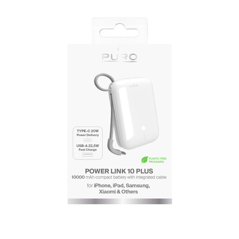 Powerbank 10000mAh USB-A USB-C z wbudowanym kablem - biały (4)