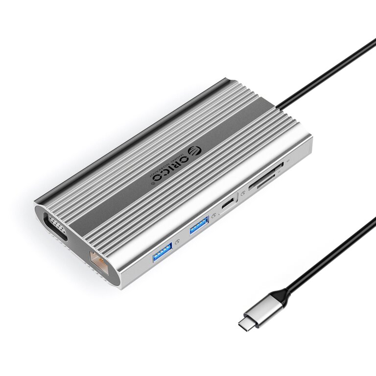 Stacja dokująca 12w1 USB-C - USB-A USB-C HDMI VGA RJ45 SD microSD PD 100W - srebrna (1)