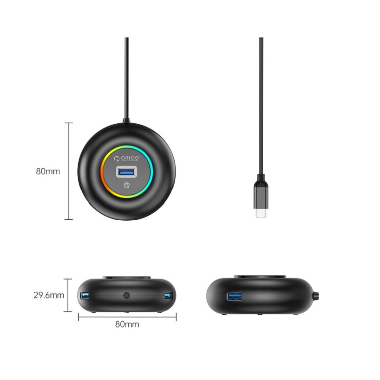 Hub adapter 4-portowy USB-C - USB-A mini jack RGB 0.3 m - czarny (2)