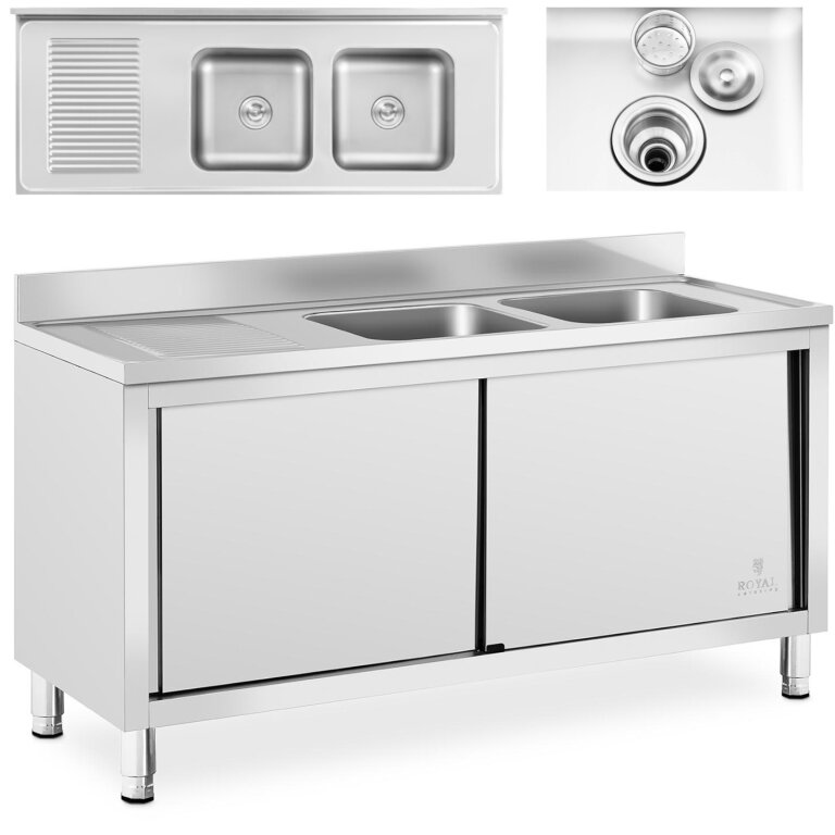 Zlew basen gastronomiczny dwukomorowy z szafką z drzwiami przesuwnymi 160 x 60 x 95 cm (1)
