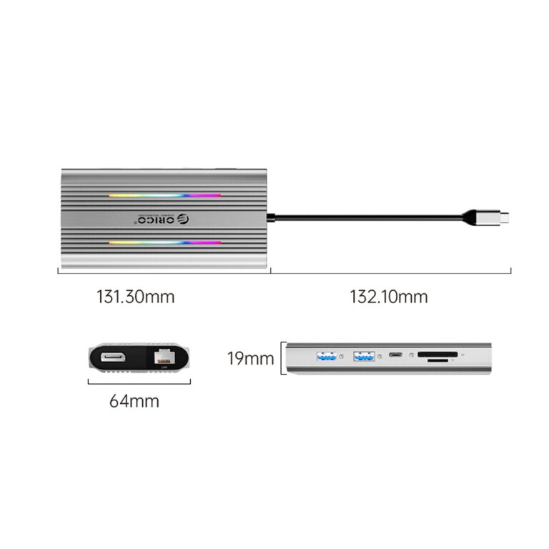 HUB 12w1 USB-C - USB-A USB-C HDMI DisplayPort RJ45 SD/microSD 4K PD 100 W RGB - srebrny (2)