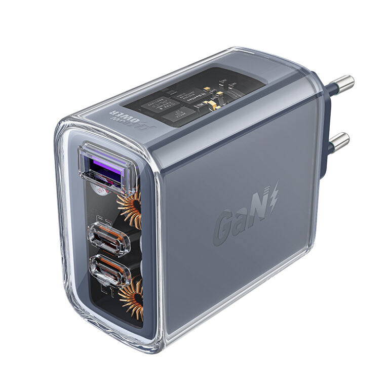 Ładowarka sieciowa GaN 65W 3 porty 1x USB 2x USB-C szara (1)